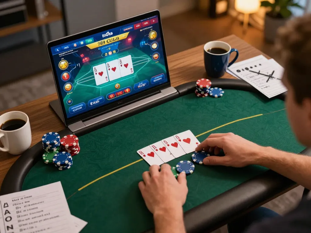 Player engaging in an intense poker game on 789club, with chips being placed and strategy notes visible.