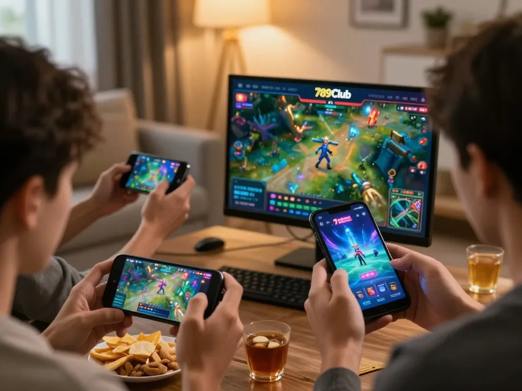 789Club players engaged on mobile app, showcasing strategic gameplay in a cozy environment.