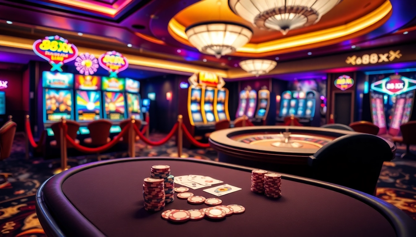 88XX casino environment showcasing a roulette wheel, poker table, and vibrant slot machines.