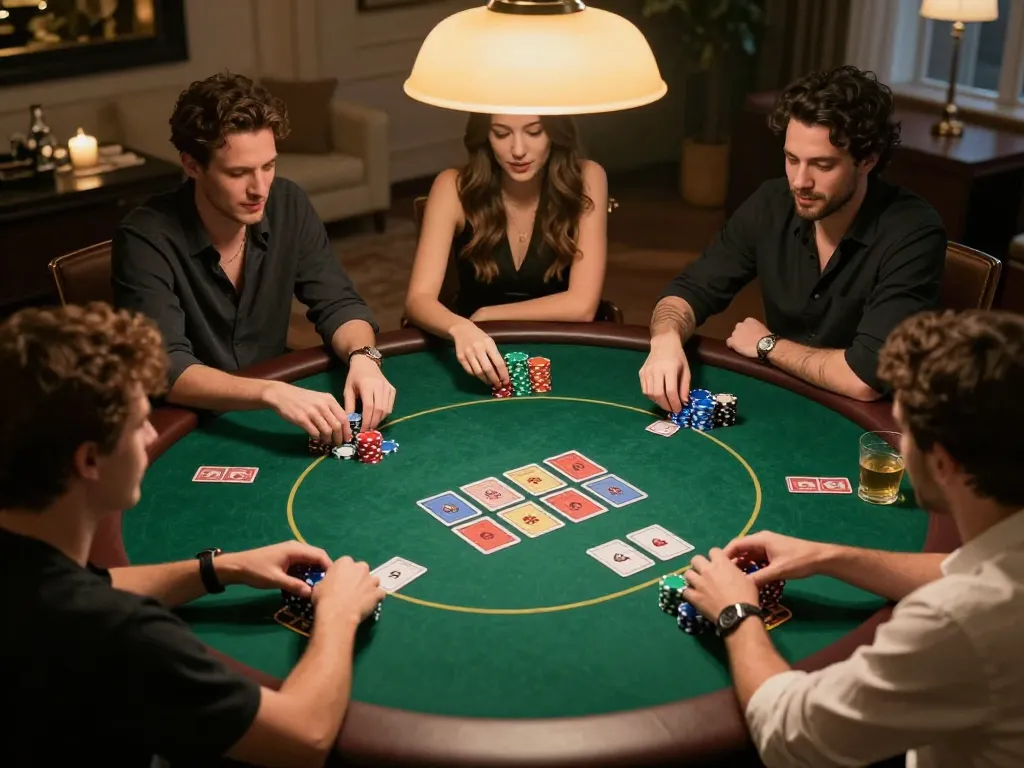 33WIN poker game in action at home, showcasing friends strategizing with poker chips and cards.