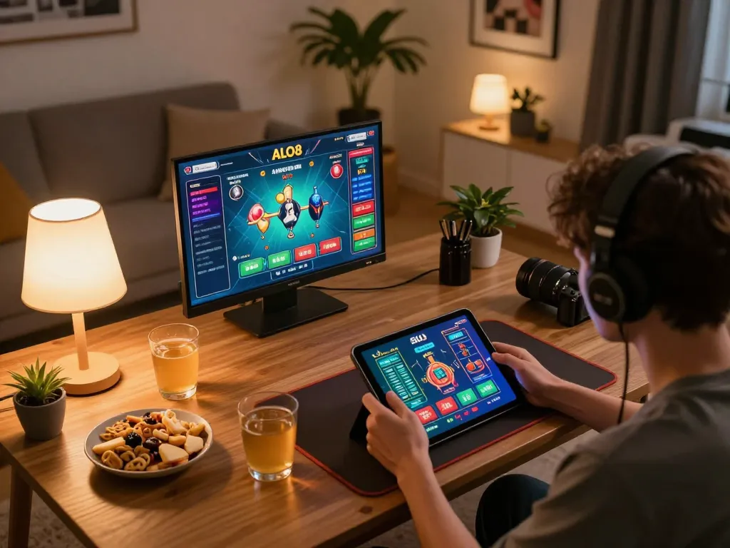 Engaging online gaming session on ALO8 with vibrant tablet gameplay in a cozy setting.