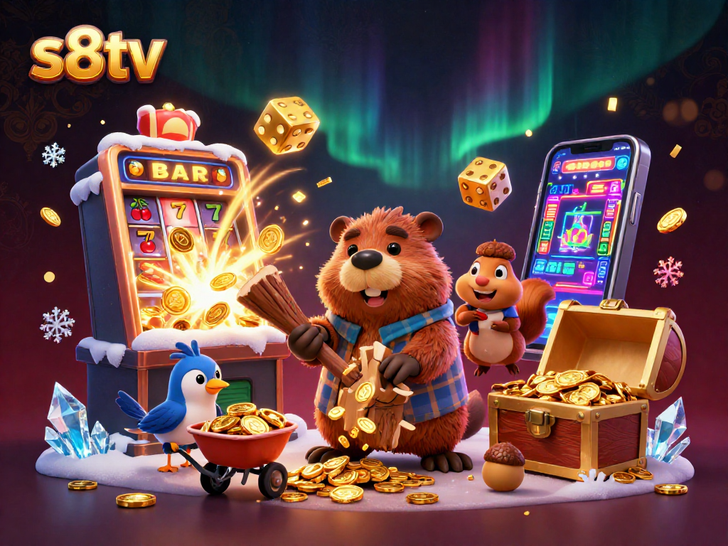 S8tv creates excitement with a festive casino scene featuring animated characters collecting coins.