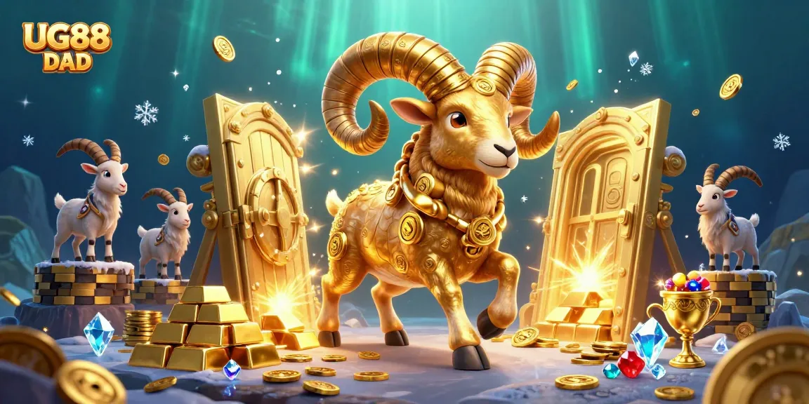Engage with the dynamic world of UG88 DAD as a legendary ram bursts through a golden gate, surrounded by jewels and casino elements.