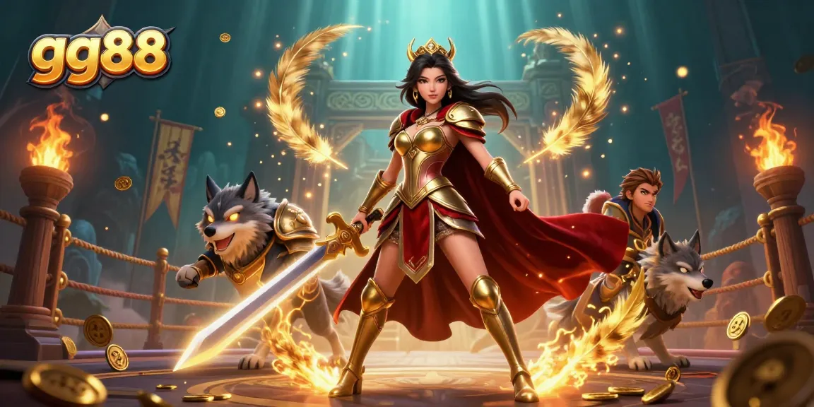Engage with thrilling gaming at gg88 as a warrior queen unveils golden treasures in a dynamic casino scene.