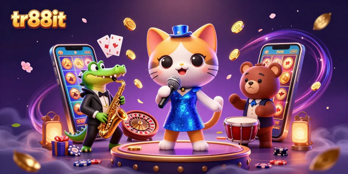 Experience vibrant casino excitement with tr88it: lively jazz-singer cat, saxophone crocodile, drum bear cub, and dynamic gaming elements.