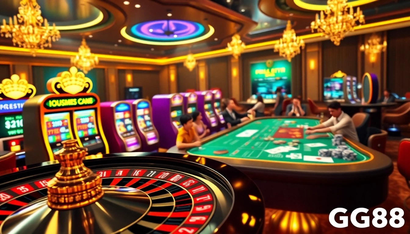 Exciting online gambling scene featuring GG88 with a vibrant roulette wheel and animated slot machines.