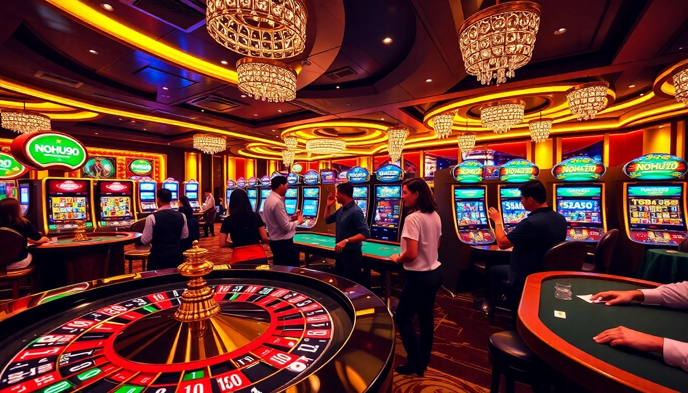 Nohu90 casino players enjoying roulette, blackjack, and slots in a vibrant atmosphere.