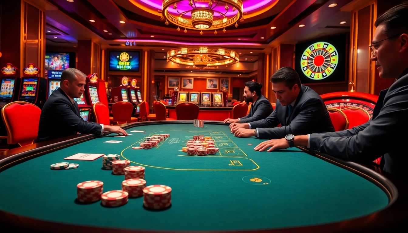 Gamblers enjoying an exciting game on NK88 com at a luxurious casino table.