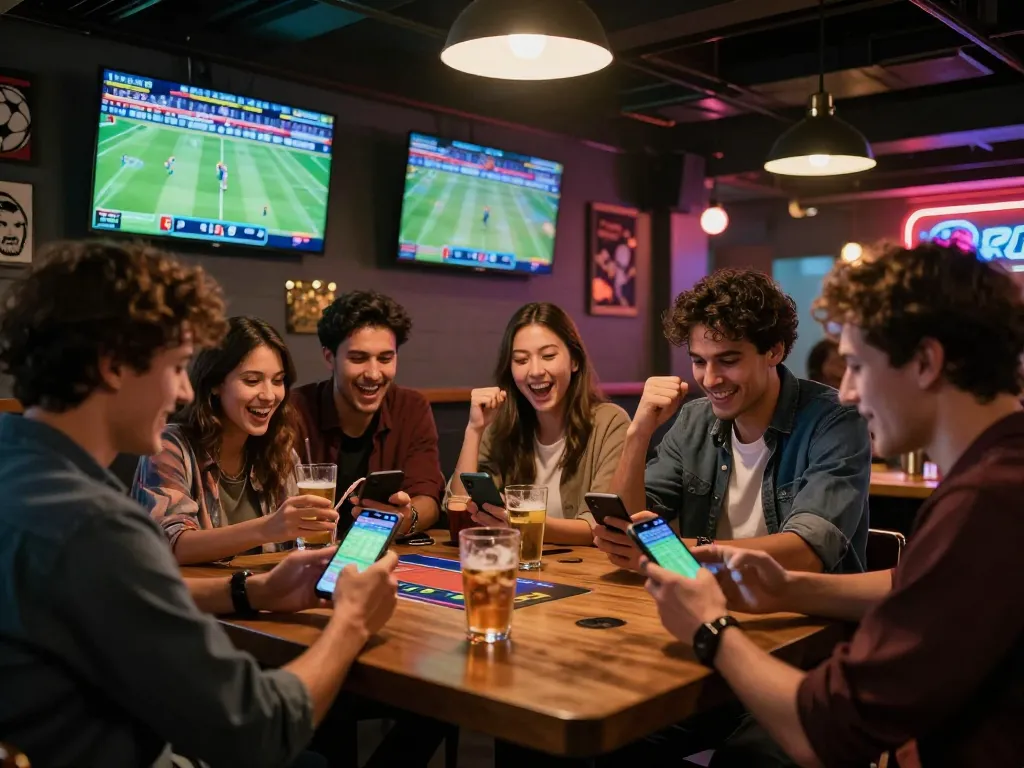 Friends engaged in sports betting action at bar, showcasing hitclub excitement and camaraderie.