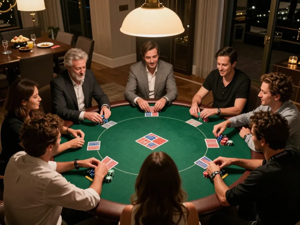 Players enjoying a friendly poker game at home showcasing strategies and fun with 23WIN gaming.