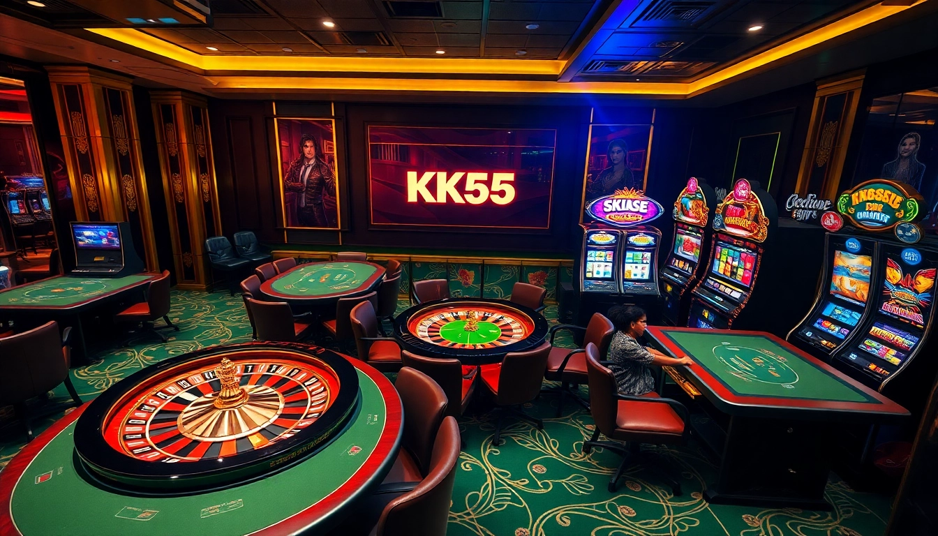 Players enjoying the thrill of casino games at KK55, showcasing vibrant slot machines and poker tables.