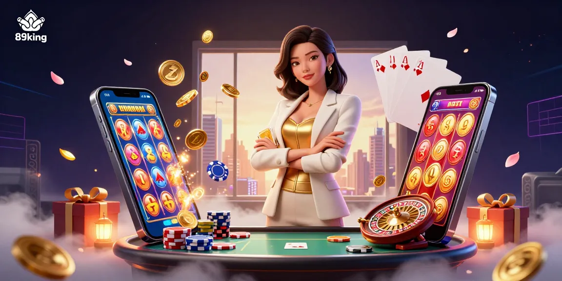 Experience thrilling action with 89king's vibrant casino illustration showcasing a powerful businesswoman.