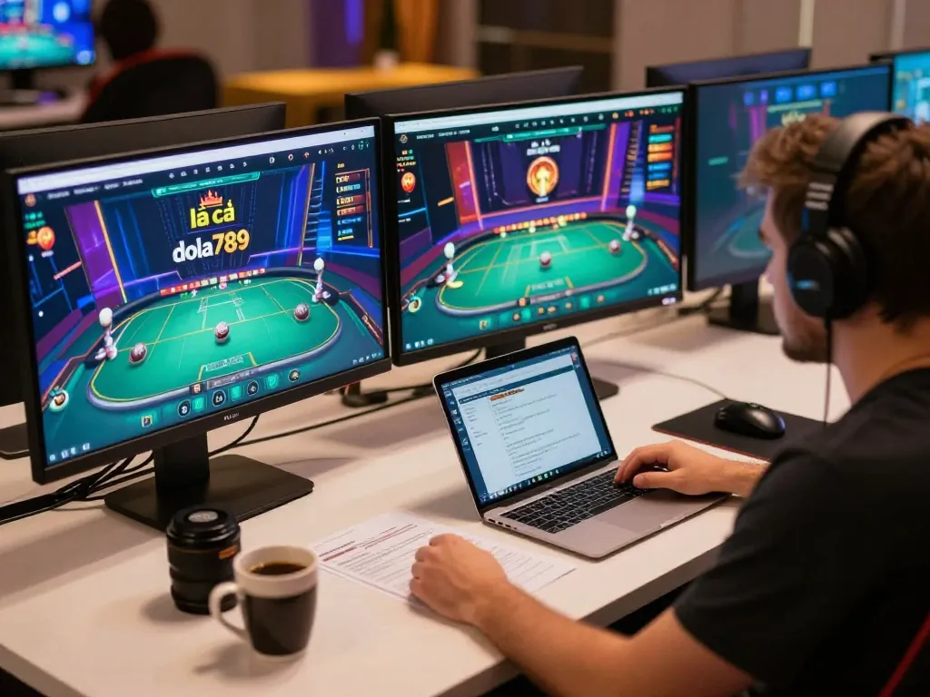 Engaging player using nhà cái dola789 interface on multiple screens in a creative gaming workspace