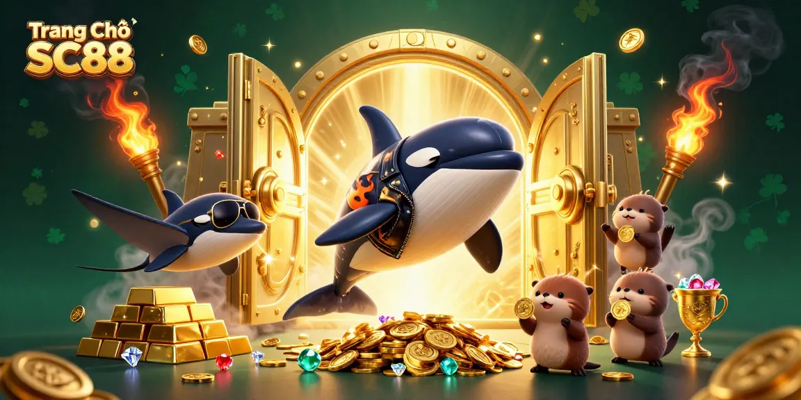 Experience excitement at Trang Chủ SC88 with an orca in a leather jacket jumping amidst treasure and sea critters!