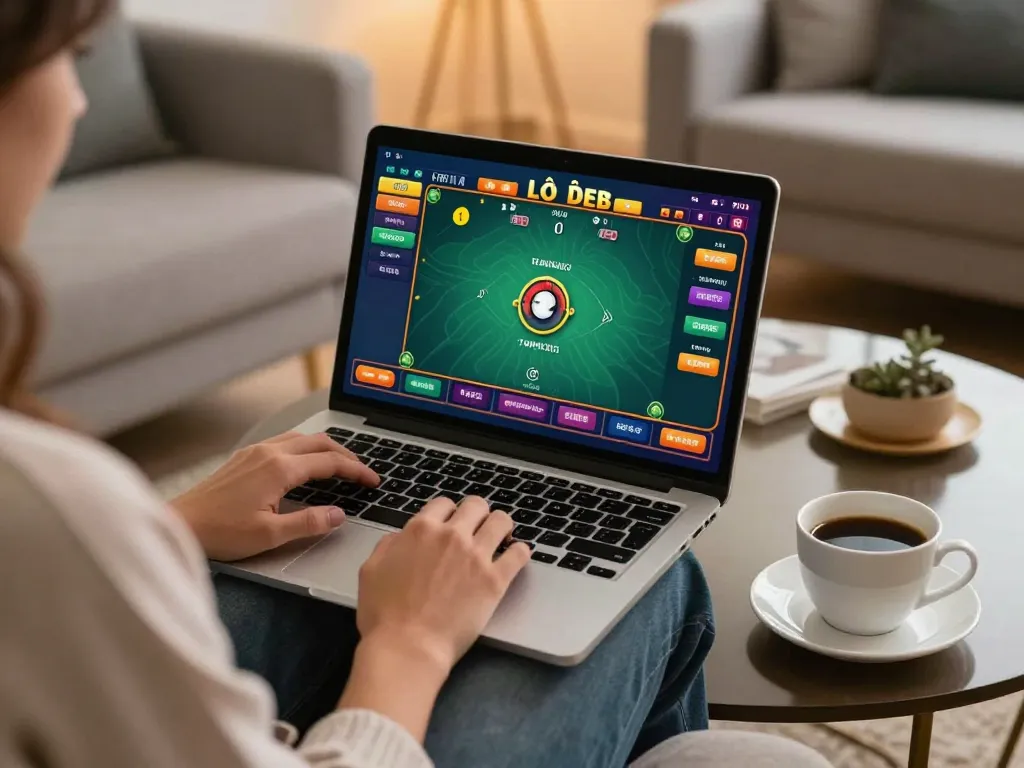 Engaged player enjoying lô đề online from home with a laptop and coffee, showcasing the convenience of online gambling.