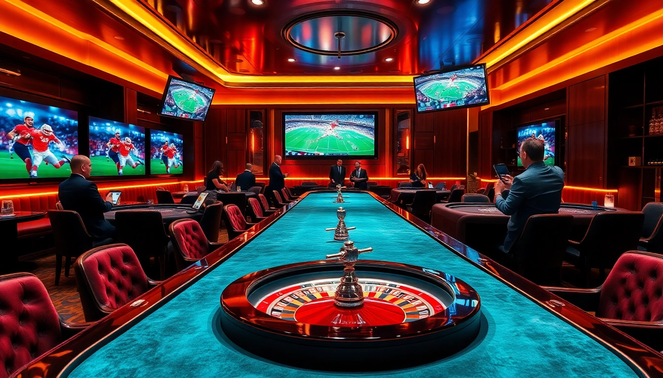 bóng đá lương sơn excitement at a luxury sports betting lounge featuring casino tables and enthusiastic gamblers.
