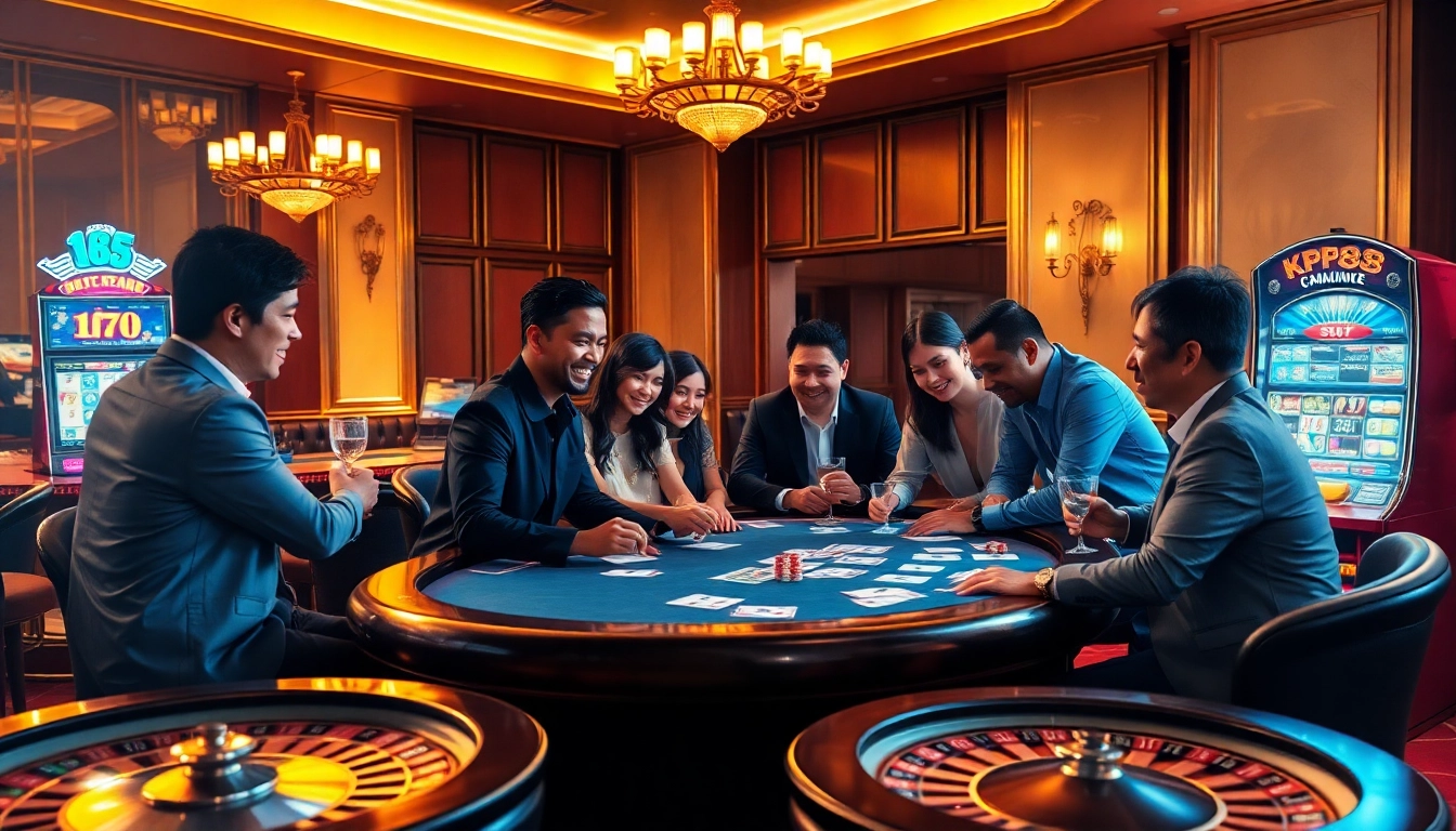 Players enjoying a thrilling game at KP88 casino, showcasing excitement and elegant decor.