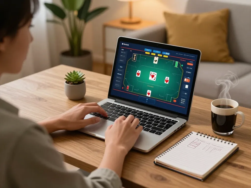 Engaging poker gameplay on ALO8 COM with cozy home atmosphere and strategic notes.