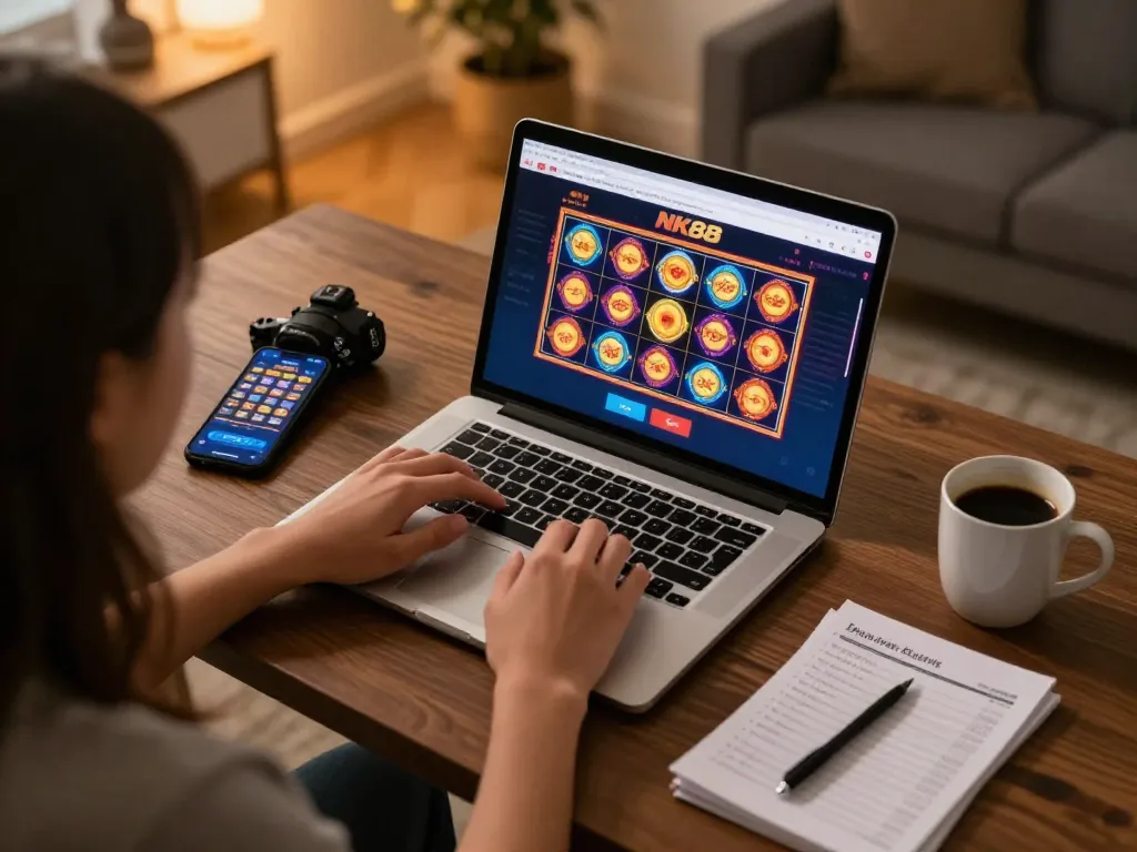 Engaging player exploring NK88 online casino games on laptop, promoting responsible gambling strategies in a cozy home.