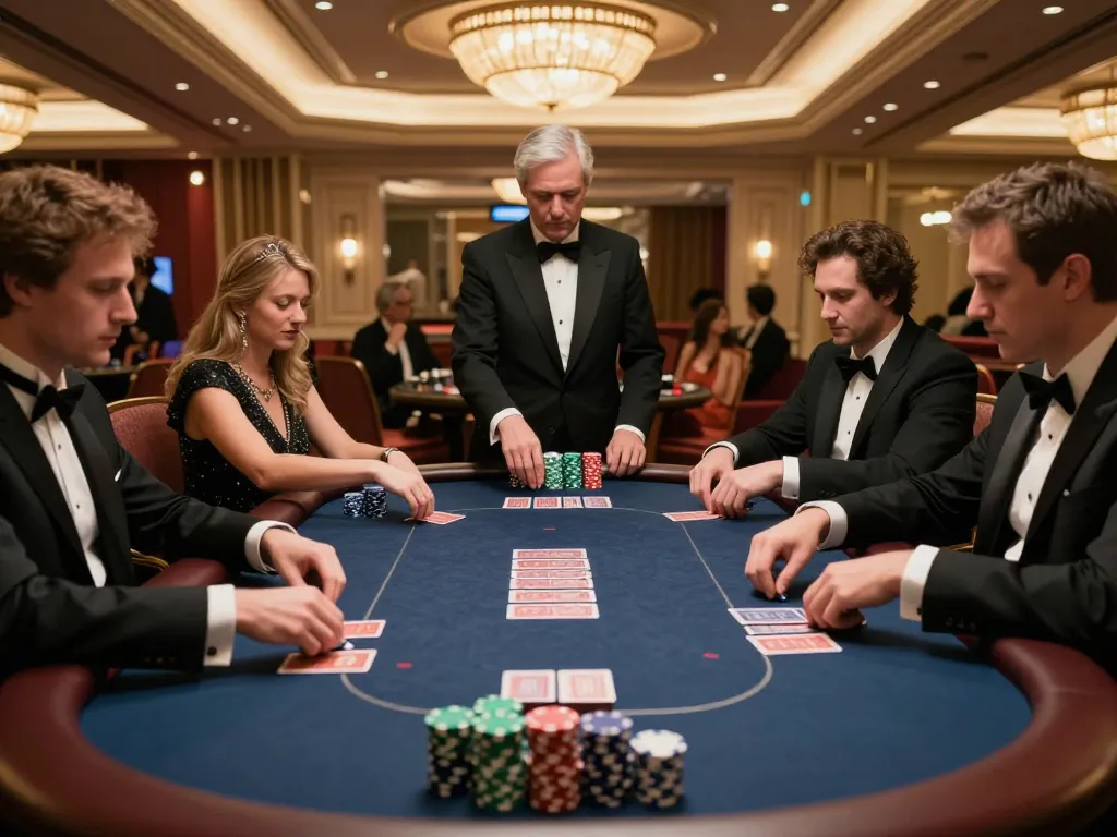 WIN33 poker game action unfolding with focused players and a dealer managing cards
