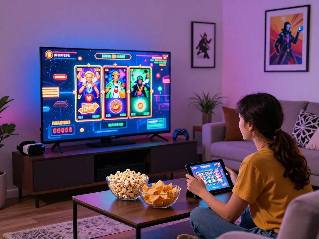 Couple enjoying online slots at home with https://73h.br.com/ games on TV, showcasing a lively gaming atmosphere.