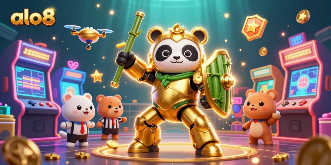 Engage with the vibrant gaming world of alo8 featuring a golden panda in a robot arena.