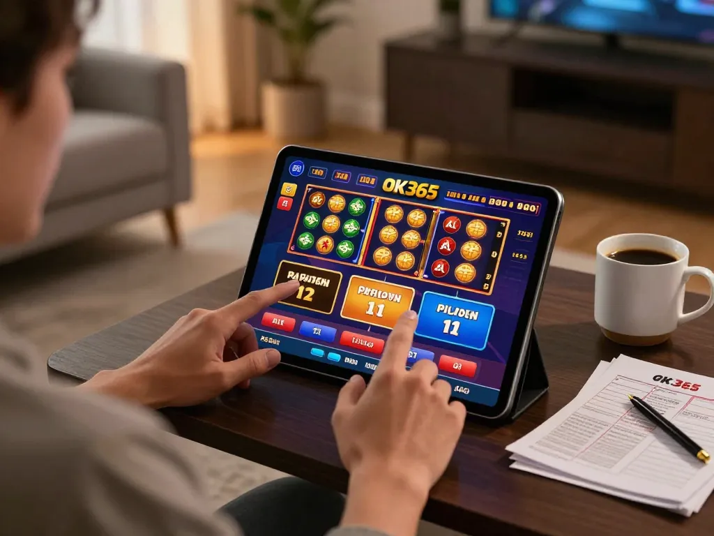 Engaging with ok365 online casino gaming on a tablet in a cozy home setting.