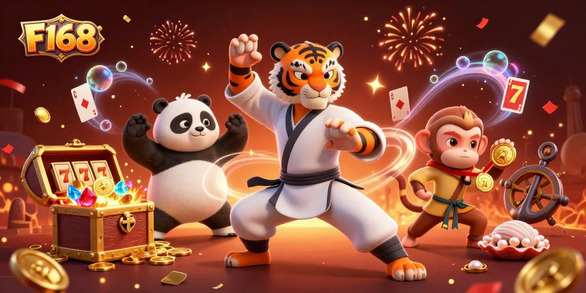 F168 offers exciting slot experiences featuring a kung fu tiger and panda in a lively casino scene