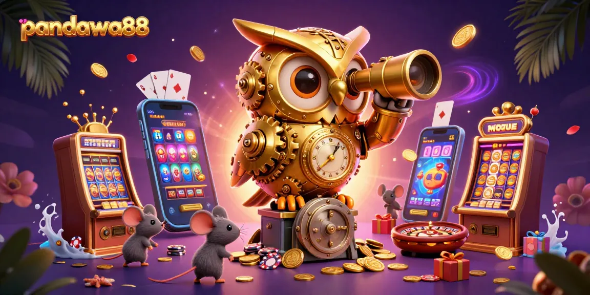 Win big with pandawa88 in this vibrant 3D illustration of a casino scene featuring animated characters and game elements.