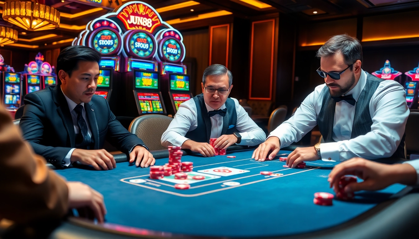 Players engaging in a winning moment at Jun88's luxury poker table, surrounded by vibrant casino elements.