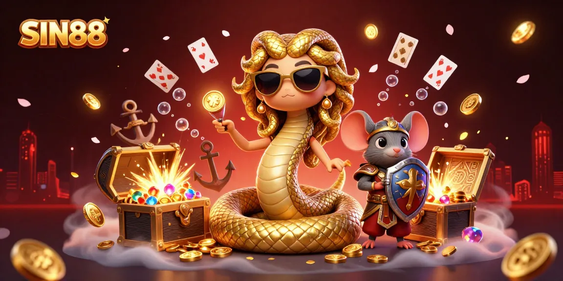 SIN88 showcases a vibrant casino scene with Medusa and a warrior mouse amidst golden coins and playing cards.