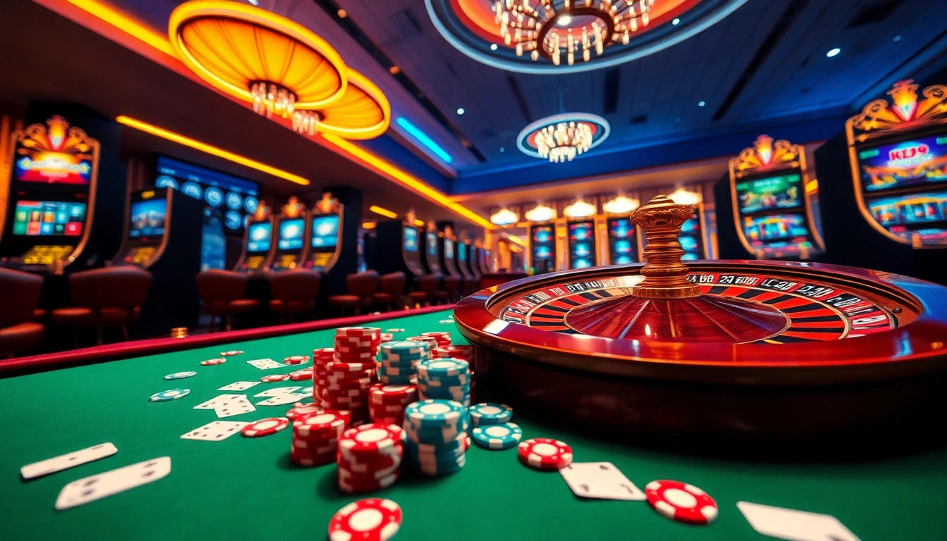 Engaging Go99 gambling scene with casino table, poker chips, and roulette wheel.