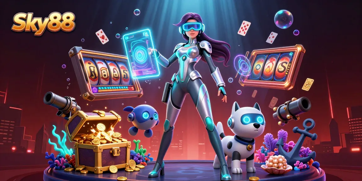 Experience thrilling gameplay at Sky88 with vibrant visuals of a stunning woman and a robot dog amidst casino elements.