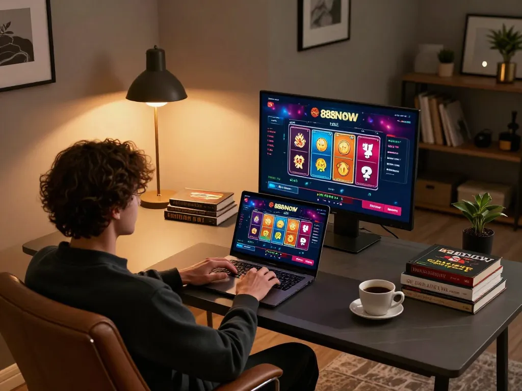 Engaging in an online poker game on 888NOW platform in a cozy home office setting
