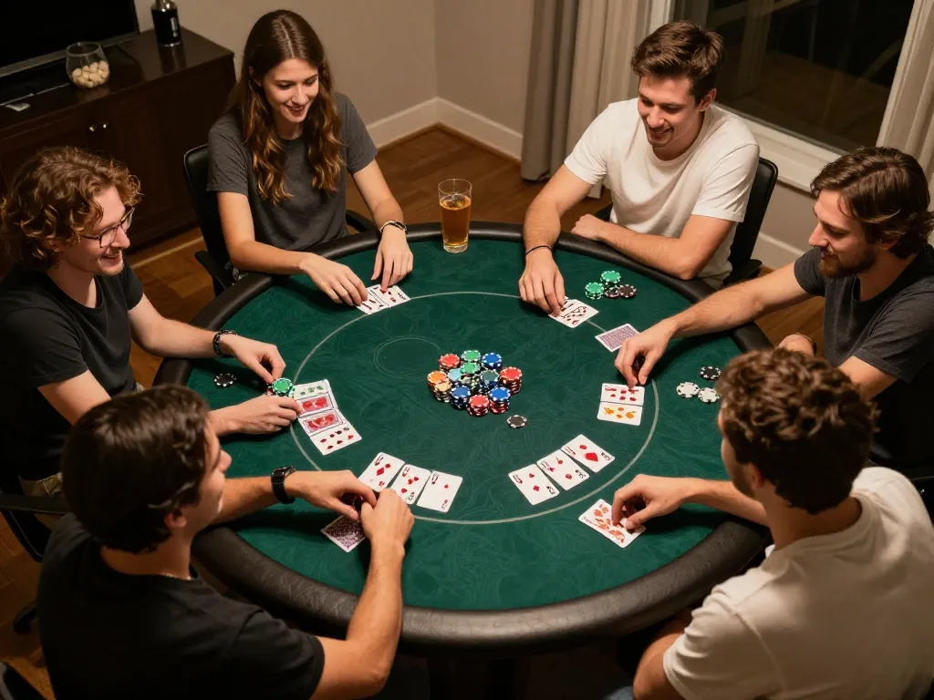 Friends playing poker at home with 78wingo atmosphere, focusing on strategic gameplay.