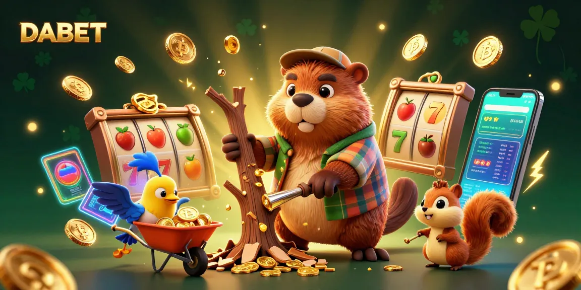 DABET showcases a lively casino scene with a cartoon beaver, gold coins, and slot elements, enhancing the gaming experience.
