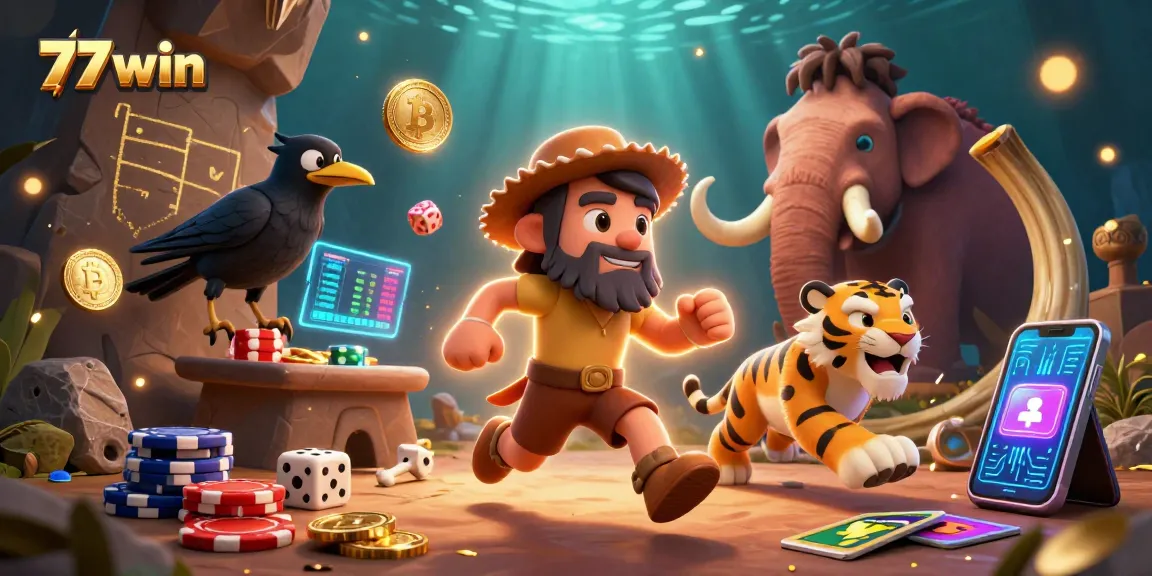Experience the thrill of gaming with 77win, featuring a lively prehistoric casino scene.