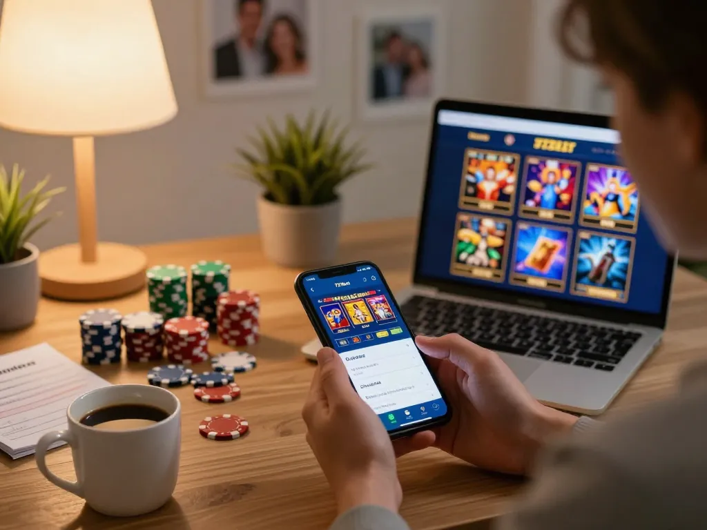 Player enjoying the 77bet casino app while tracking their bankroll in a cozy living room.
