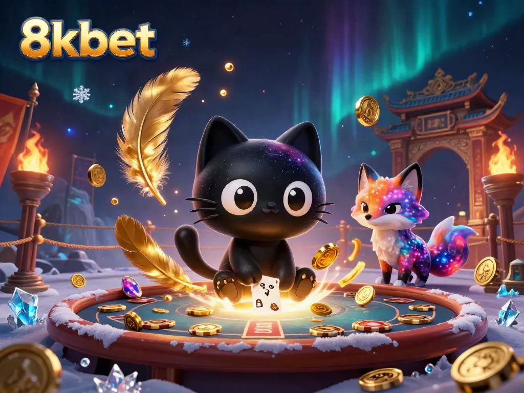Experience the thrilling world of 8kbet with a colorful cosmic casino scene featuring a black hole cat and nebula fox.