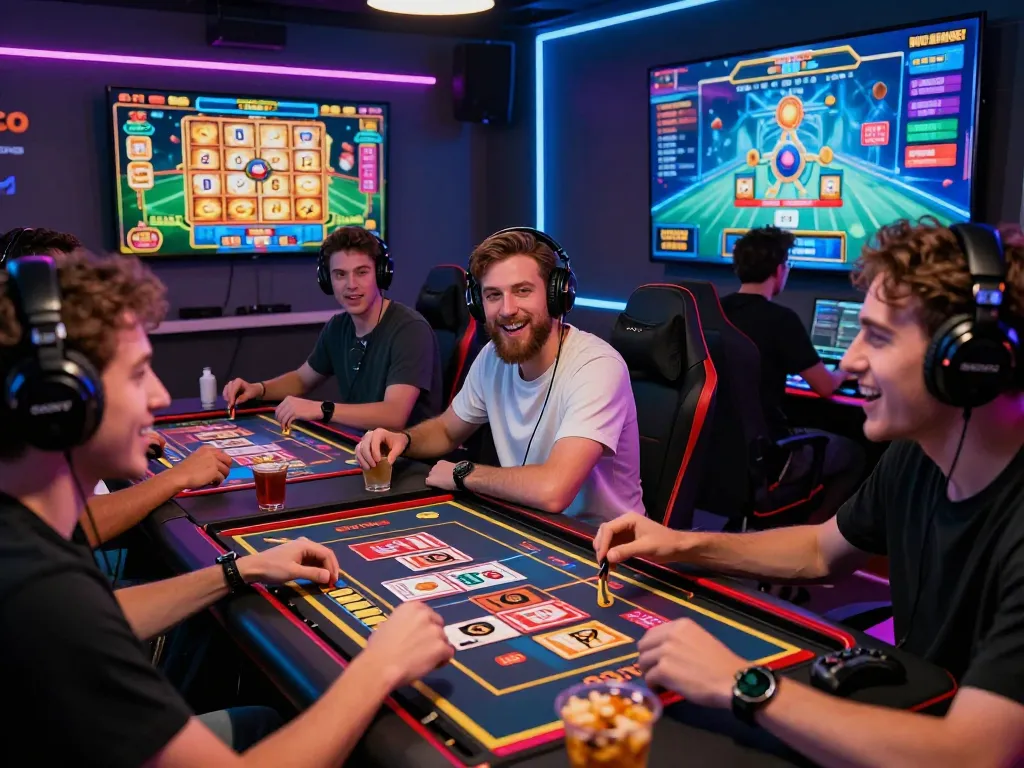 Bomwin online gaming experience with friends enjoying vibrant casino games and snacks