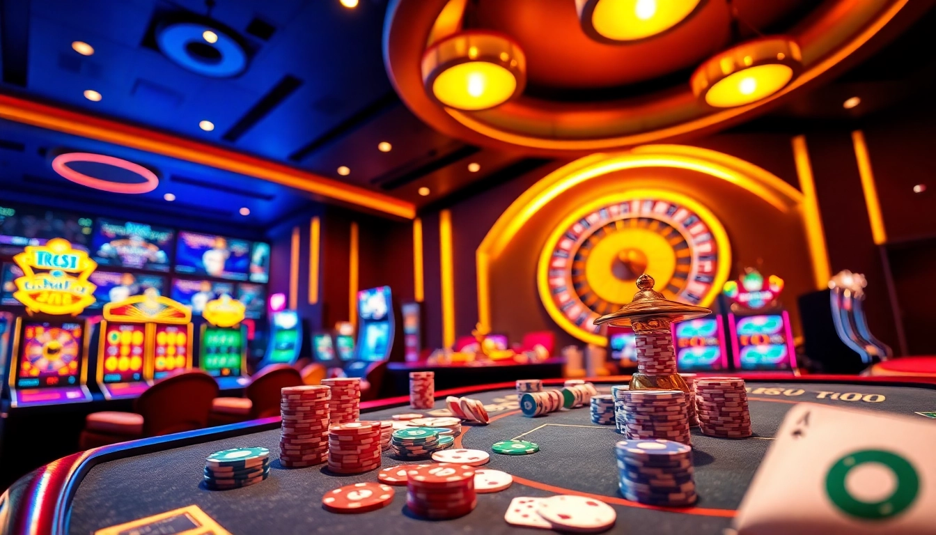 tr88 engaging gameplay featuring poker chips and a roulette wheel in a luxurious casino setting