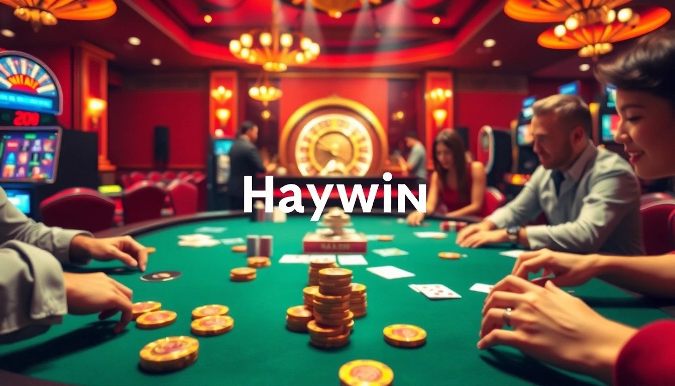 Haywin casino scene showcasing eager players at the poker table and vibrant roulette wheel, reflecting excitement.