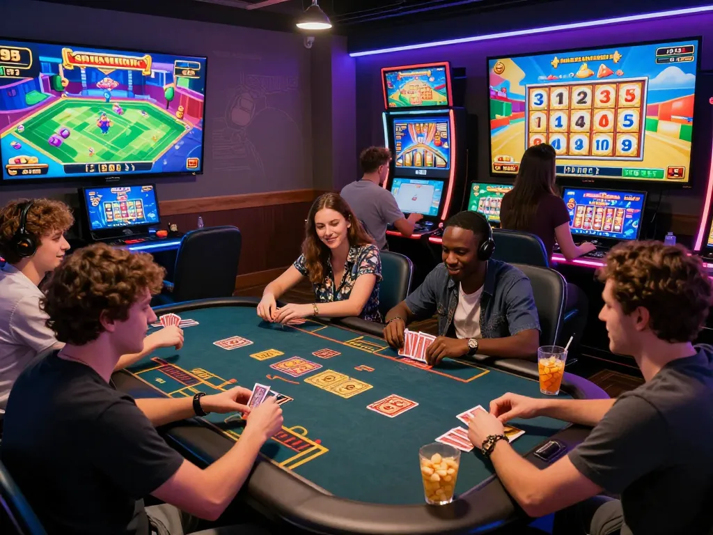 Sunwin online gaming platform with friends enjoying card games and slots in an engaging atmosphere
