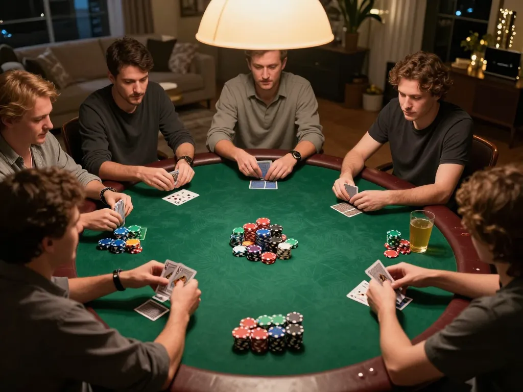 Players engaging in strategic gameplay at the elegant poker table during a home game, showcasing the excitement of gambling at https://qtr88.com/