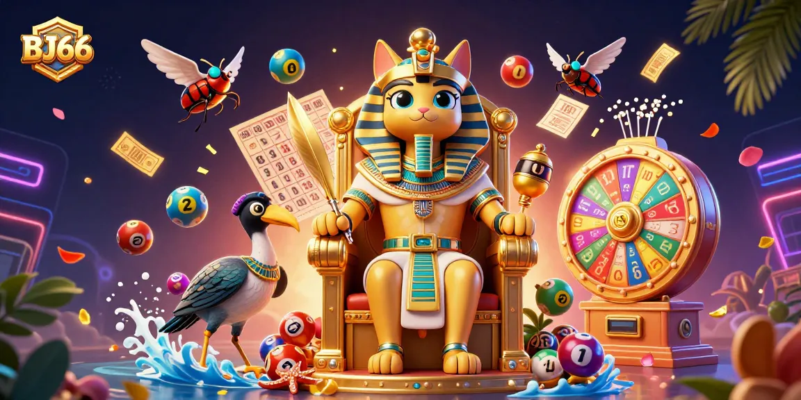 Engage with BJ66, showcasing vibrant lottery elements and a majestic pharaoh cat in a dynamic gaming scene.