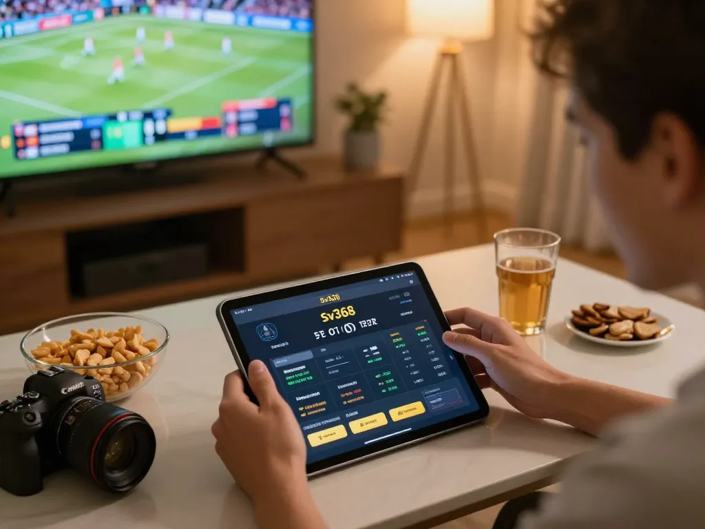 Sv368 user engaging with sports betting app at home, excited atmosphere with snacks and sports highlights