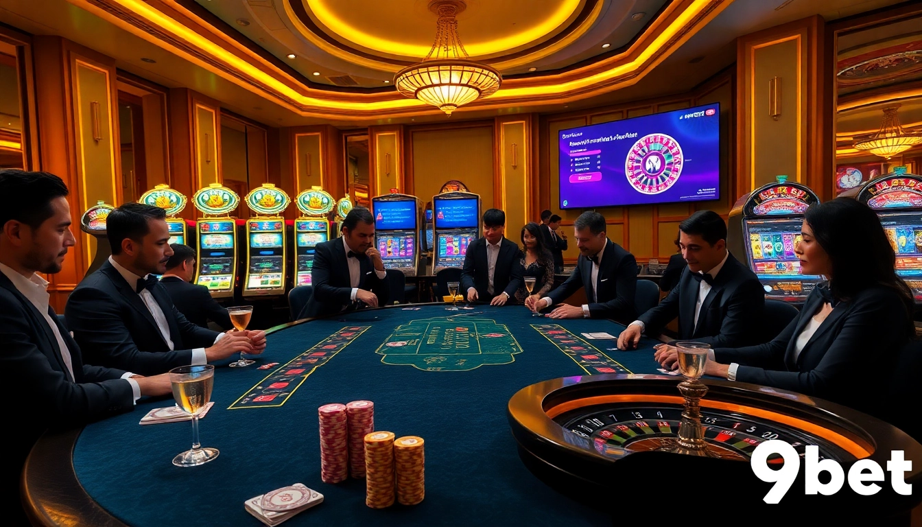 Players engaging in a high-stakes poker game at 9bet casino, showcasing excitement and luxury.
