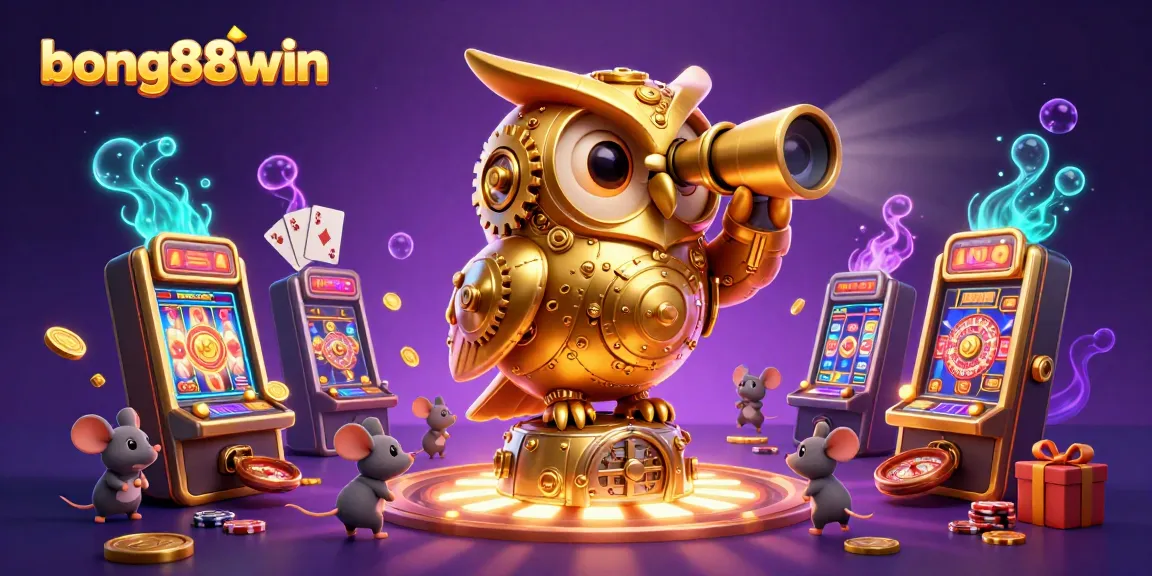 Experience the thrilling entertainment of bong88win as a golden owl oversees casino action with colorful games and dynamic elements.