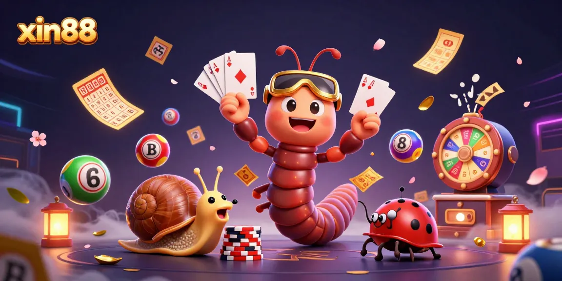 Join the excitement at xin88 with a whimsical casino scene featuring a millipede dealer, snail high-roller, and pill bug in a vibrant setting.