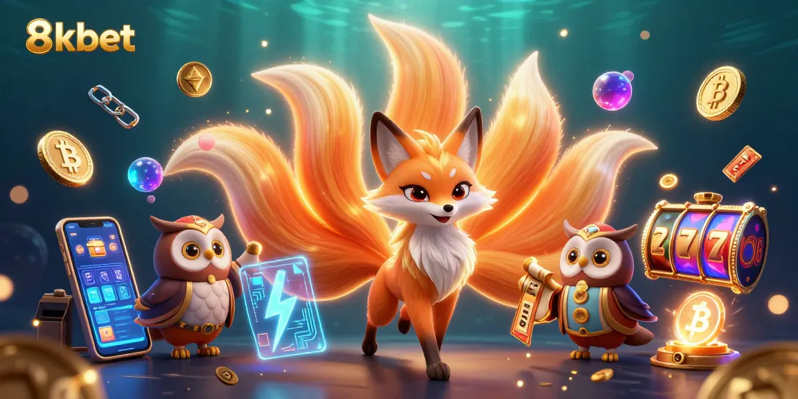 Experience excitement at 8kbet with vibrant slot reels and dynamic casino elements in this 3D illustration.
